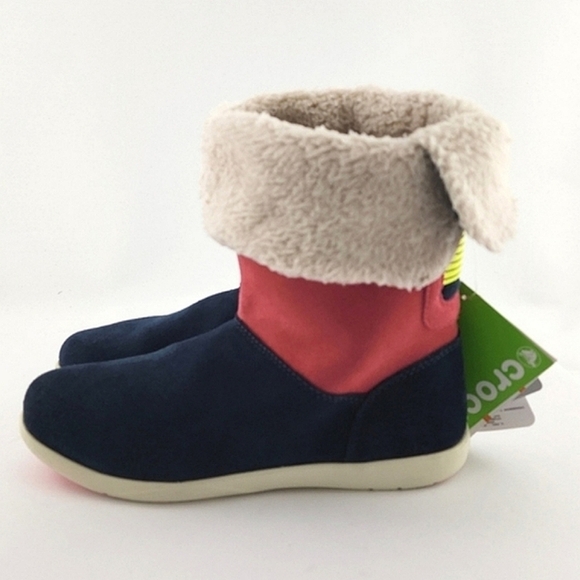 Crocs Adela Women's Foldover Fuzz  Leather Boots Pink Poppy Stucco Navy Size 6 - Picture 4 of 15